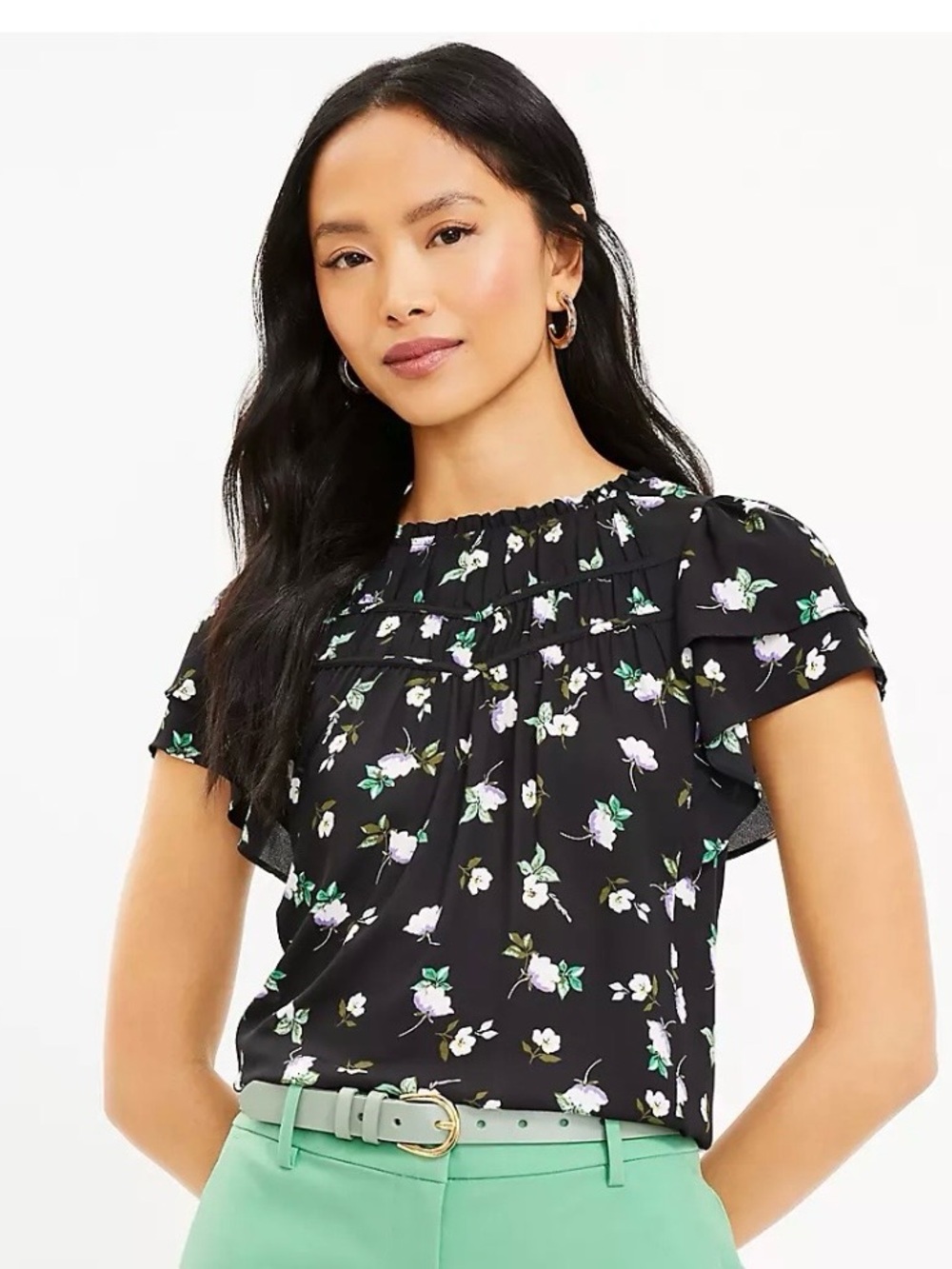 LOFT Floral Flutter Sleeve Blouse with Peter Pan Collar Size XL PTP 23” EUC - Picture 1 of 7